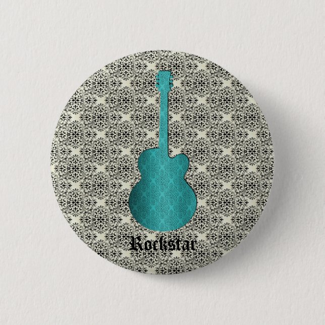Badge Rond 5 Cm Rockstar Damask Guitar Button, Turquoise (Devant)
