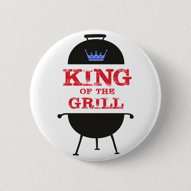 Badge Rond 5 Cm Roi Du Grill, Rouge Couronne Bleue (Devant)