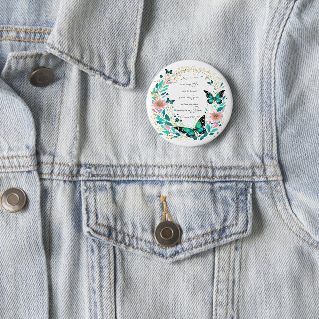 Badge Rond 5 Cm Romains 8:28 Fleurs et papillons  (En situation)