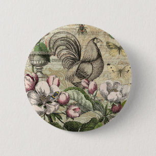 Badge Rond 5 Cm Rooster Garden Flower Papillon Art