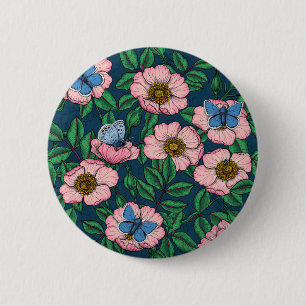Badge Rond 5 Cm Rose de chien et papillons