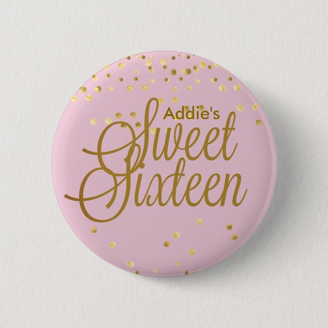 Badge Rond 5 Cm Rose et bouton de sweet sixteen de point d'or (Devant)