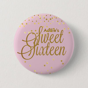 Badge Rond 5 Cm Rose et bouton de sweet sixteen de point d'or
