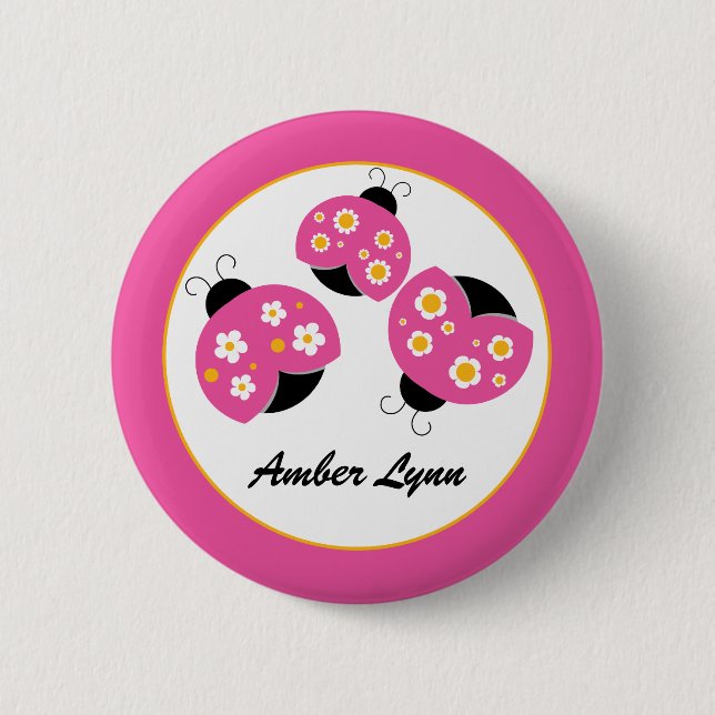 Badge Rond 5 Cm Rose et coccinelles d'or (Devant)