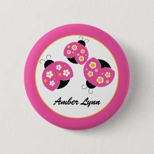 Badge Rond 5 Cm Rose et coccinelles d'or