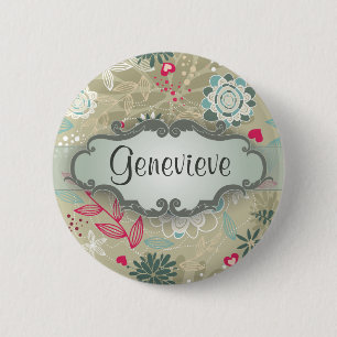 Badge Rond 5 Cm Rose et floral bleu sur Tan avec la plaque signalé