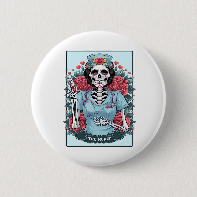 Badge Rond 5 Cm Rose Floral Skeleton Nurse Carte Tarot Halloween E (Devant)