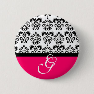 BADGE ROND 5 CM ROSE FUCHSIA NOIR BLANC MARIAGE DAMASSÉ MONOGRAM