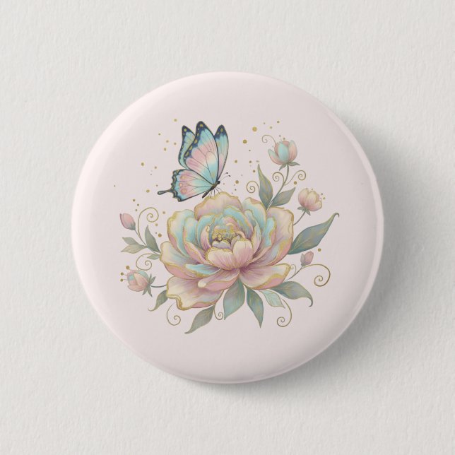 Badge Rond 5 Cm Rose Magique et Papillon Pastel (Devant)