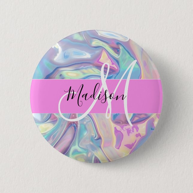 Badge Rond 5 Cm Rose Nom Monogramme Holographique Iridescent (Devant)