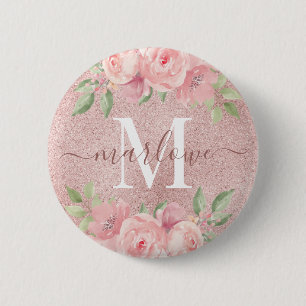 Badge Rond 5 Cm Rose Parties scintillant or rose pâle rose floral 