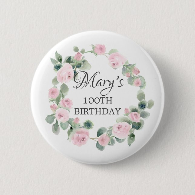Badge Rond 5 Cm Rose rose Eucalyptus Botanique 100E Anniversaire (Devant)