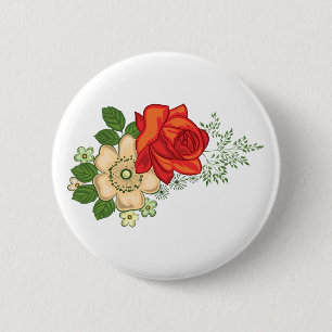 Badge Rond 5 Cm Rose rouge et marguerites