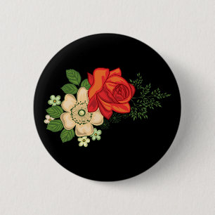 Badge Rond 5 Cm Rose rouge et pâquerettes Fond noir