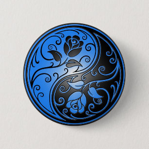 Badge Rond 5 Cm Roses, bleu et noir de Yin Yang