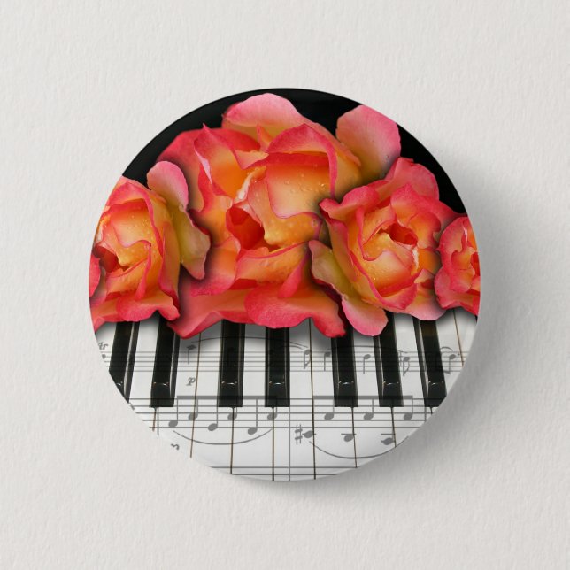 Badge Rond 5 Cm Roses de clavier de piano et notes de musique (Devant)