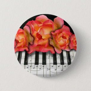 Badge Rond 5 Cm Roses de clavier de piano et notes de musique