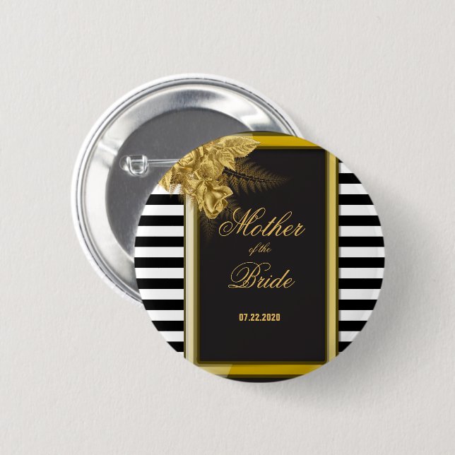 Badge Rond 5 Cm Roses d'or Art Déco, Stripes Mère de la Mariée (Devant & derrière)