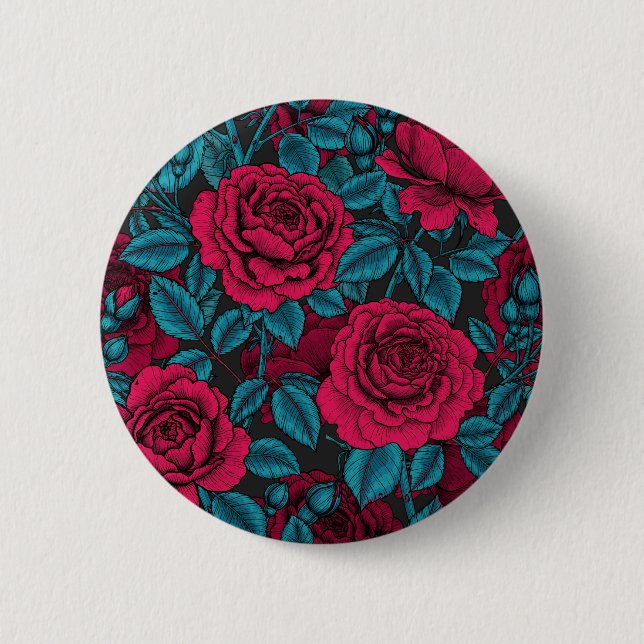 Badge Rond 5 Cm Roses en rouge et bleu (Devant)