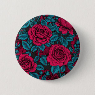 Badge Rond 5 Cm Roses en rouge et bleu
