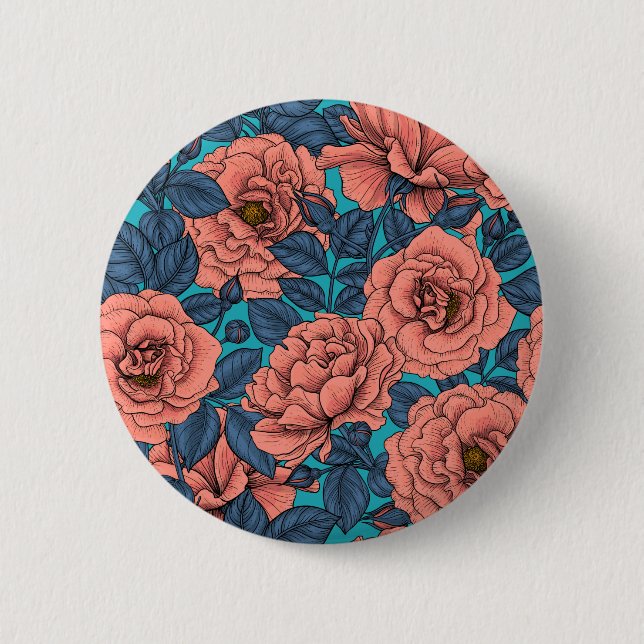 Badge Rond 5 Cm Roses roses avec feuilles bleus sur bleu (Devant)