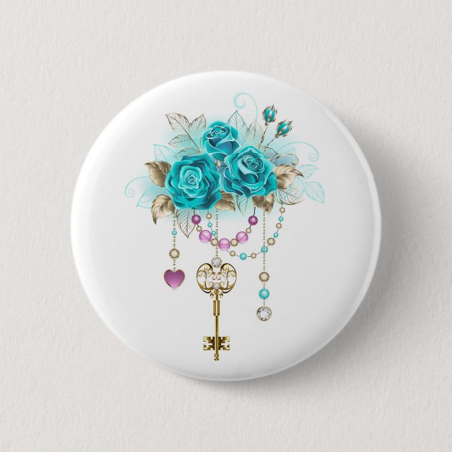 Badge Rond 5 Cm Roses turquoise avec touches (Devant)