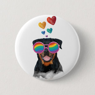 Badge Rond 5 Cm Rottweiler Chien avec Coeurs Saint-Valentin
