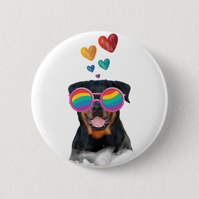 Badge Rond 5 Cm Rottweiler Chien avec Coeurs Saint-Valentin (Devant)