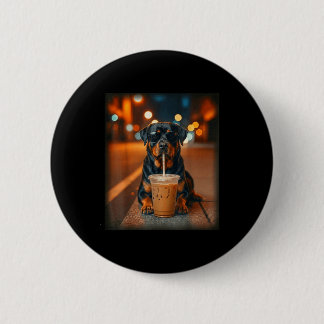 Badge Rond 5 Cm Rottweiler drôle buvant un café glacé amateur de c
