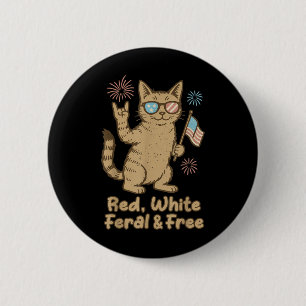 Badge Rond 5 Cm Rouge Blanc Félin Sauvage Et Libre Chat Drôle Quat