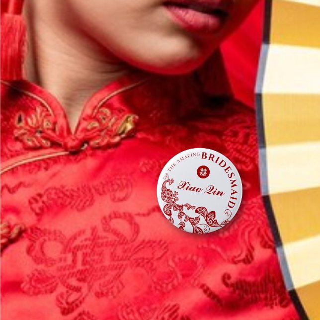 Badge Rond 5 Cm Rouge Floral Boho Peacock Asiatique Mariage Brides (BRIDESMAID Red Floral Boho Peacock Double Happiness Chinese Wedding Pin Button @ fatfatin_red_knot)