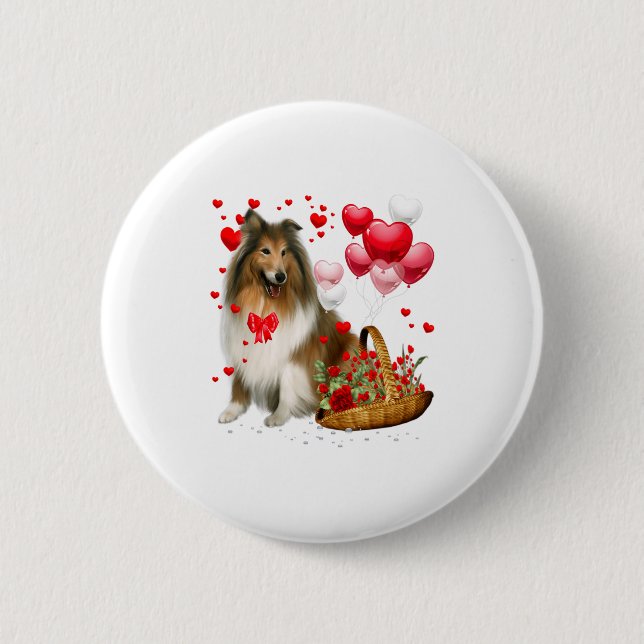 Badge Rond 5 Cm Rough Collie Heart Balloon Happy Valentine Day Dog (Devant)