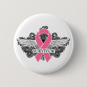 Badge Rond 5 Cm Ruban de SURVIVANT à ailes par cancer du sein