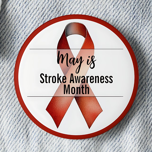 Badge Rond 5 Cm Ruban du mois de la sensibilisation aux accidents  (May is Stroke Awareness Month pinback button.  Red awareness ribbon.)