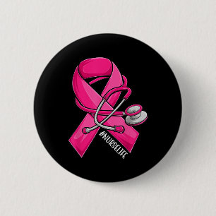 Badge Rond 5 Cm Ruban rose Stethoscope Infirmière Vie Cancer du se