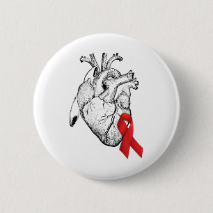 Badge Rond 5 Cm Ruban Rouge de Sensibilisation à la Maladie Cardia