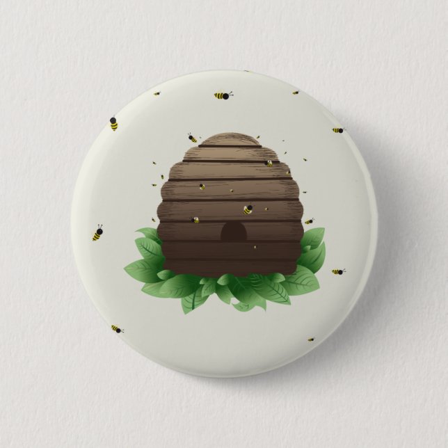 Badge Rond 5 Cm ruche et essaim d'abeilles kawaii (Devant)