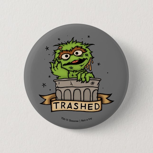Badge Rond 5 Cm Rue Sésame | Oscar the Grouch Trashed (Devant)
