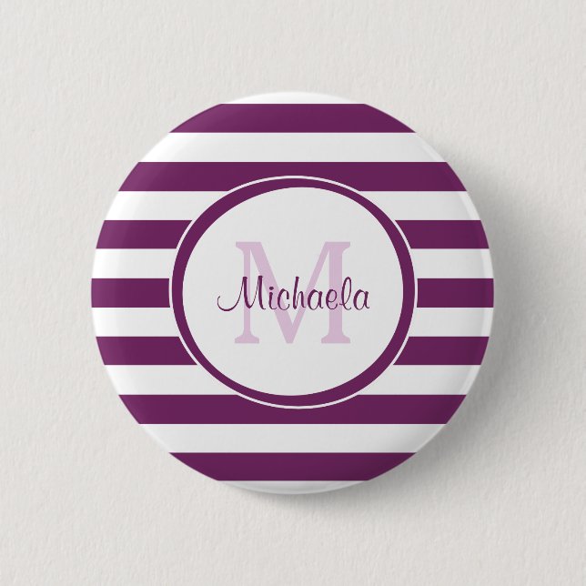 Badge Rond 5 Cm Rugby Violet avec Monogramme Chic et nom (Devant)