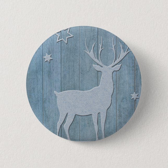 Badge Rond 5 Cm Russe Bleu Bois Reindeer Pays Noël (Devant)