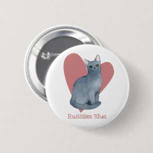 Badge Rond 5 Cm Russe Bleu Chat Aquarelle Kitty Coeur rose