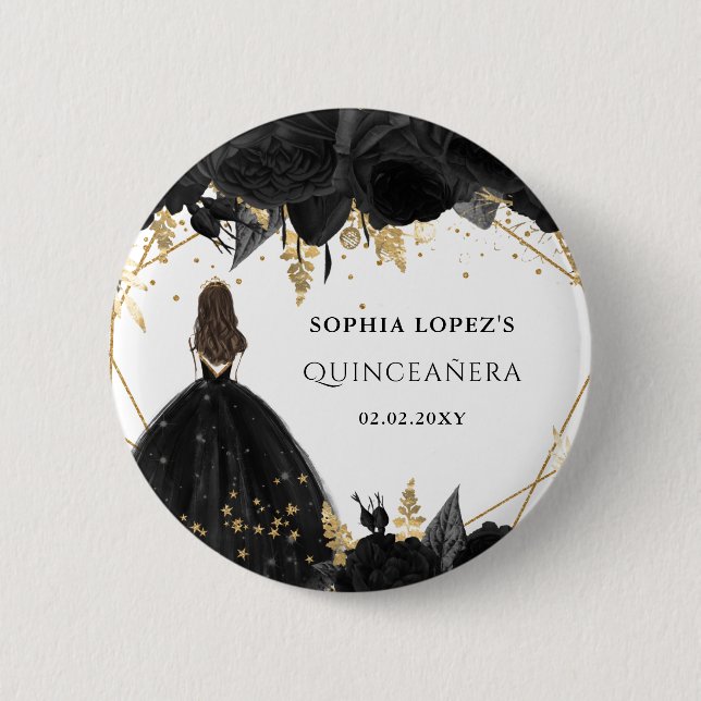 Badge Rond 5 Cm Rustique Black Gold Floral Princesse Quinceanera (Devant)