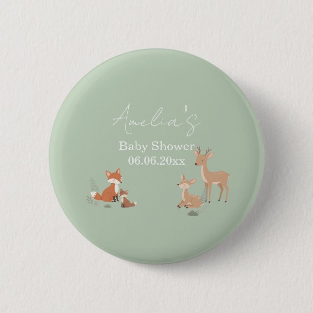 Badge Rond 5 Cm Sage Green Woodland Animal Baby Shower  (Devant)