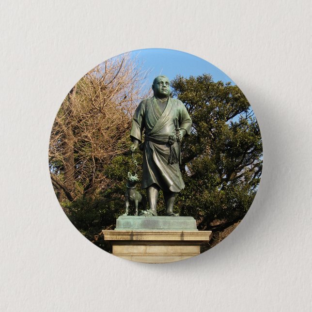 Badge Rond 5 Cm Saigo Takamori (The Last Samurai) & Dog Statue (Devant)