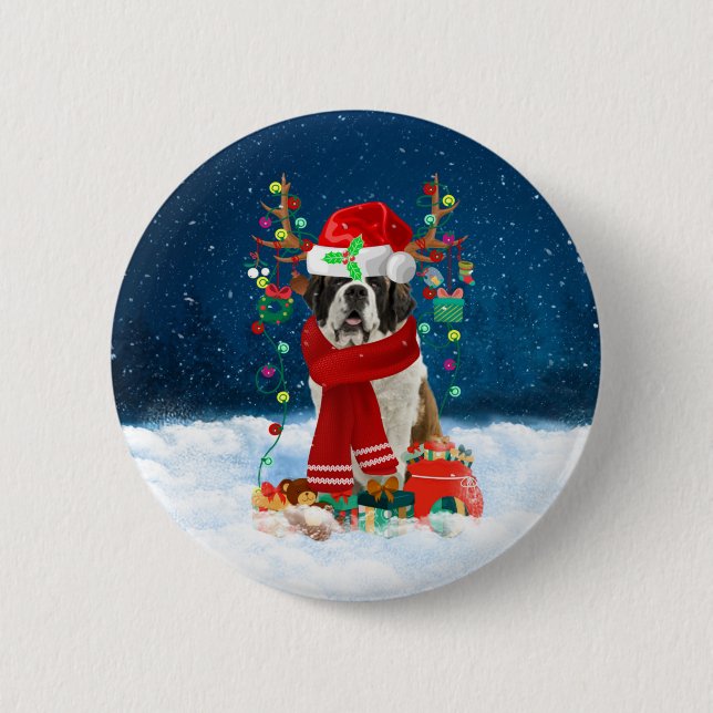 Badge Rond 5 Cm Saint Bernard chien avec cadeaux de Noël (Devant)