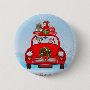Badge Rond 5 Cm Saint Bernard Dog In Car With Santa Claus