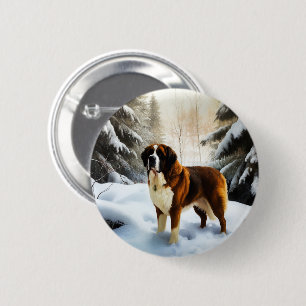 Badge Rond 5 Cm Saint Bernard Laisser Neige Noël