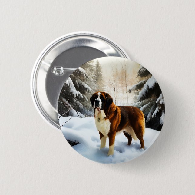 Badge Rond 5 Cm Saint Bernard Qu'il Neige Noël (Devant & derrière)