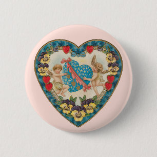 Badge Rond 5 Cm Saint-Valentin antique, anges vintage dans un cœur