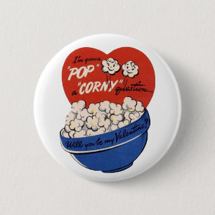 Badge Rond 5 Cm Saint-Valentin Rétro, Popcorn Pose une Question Ri